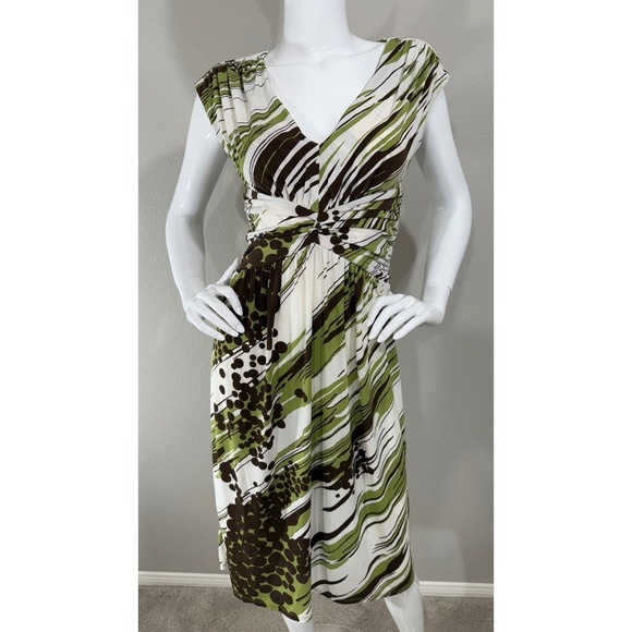 VTG BCBG Paris Dress Sz M Stretchy Y2K Ruched Jersey White Green Brown - Picture 6 of 9